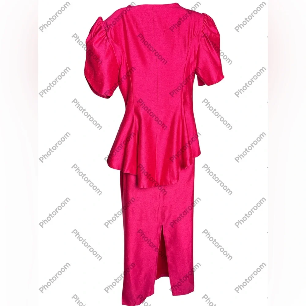 VINTAGE 1980s HOT PINK Formal Peplum Dress Skirt Set - M